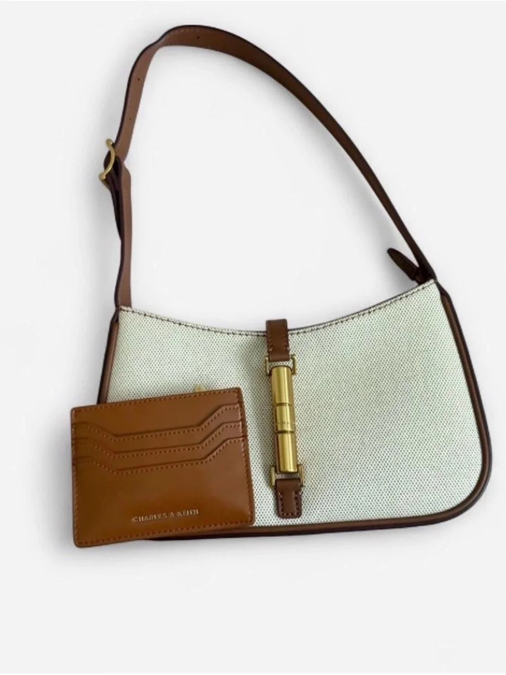 Charles & Keith Cream Shoulder Bag with Brown Trim and Gold Accent